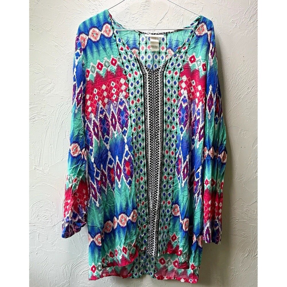 La Blanca Women’s Tunic M Multicolor Geometric V-Neck 3/4 Sleeve Rayon Trim